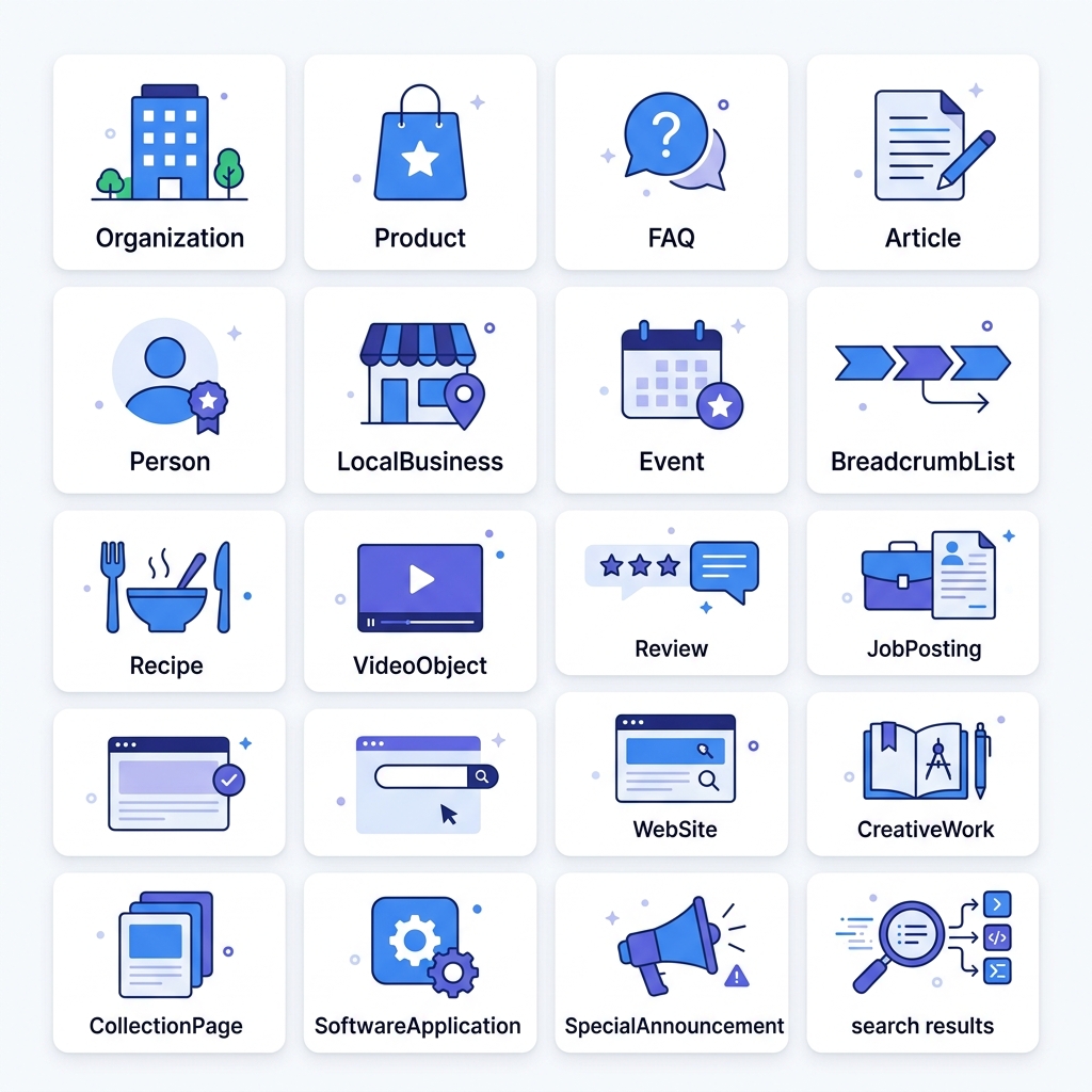 Schema.orgの主要タイプ一覧 — Organization、Product、FAQ、Articleなどのカテゴリアイコン